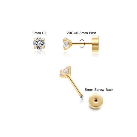 3mm Tiny CZ Screw on FlatBack Stud Earrings,Gold Plated Flat Back Cubic Zirconia - Picture 2 of 8